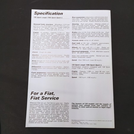 Brochure Fiat 128 Rally 1300 in francese, 128 sport coupè in inglese. Buono