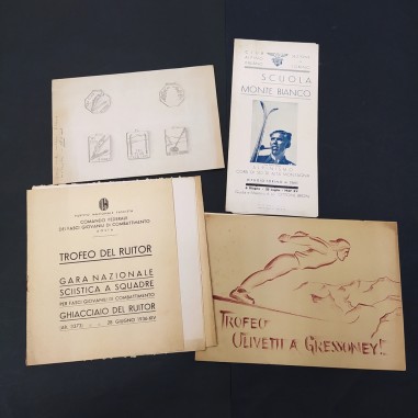 Lotto di 4 opuscoli, pieghevole, disegni sci anni '30. Ingiallimenti