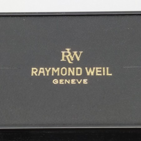 Cofanetto per orologio Raymond Weil nero con dettagli oro e rossi. Ottimo