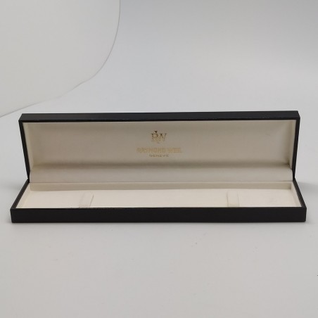 Cofanetto per orologio Raymond Weil nero con dettagli oro e rossi. Ottimo