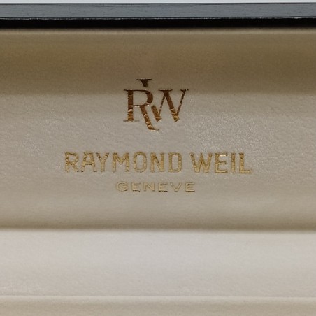 Cofanetto per orologio Raymond Weil nero con dettagli oro e rossi. Ottimo