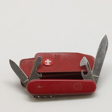 Coltellino multiuso Victorinox Leitz con fodero e passante in cuoio rosso. Buono