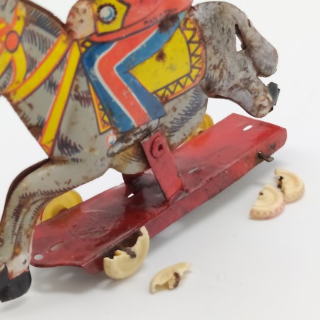Giocattolo Fortunello a cavallo Marchesini anni '30. Riparato, punti di ruggine