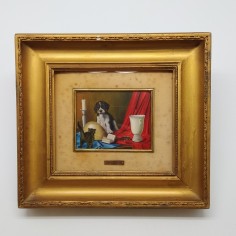 Gatto allo specchio, quadro 21x19 cm di G.L. Casalini con timbro. Macchie