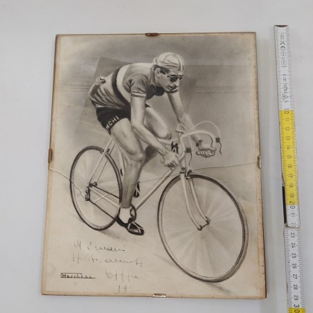 Disegno a matita o carboncino Coppi con dedica e autografo. Buono