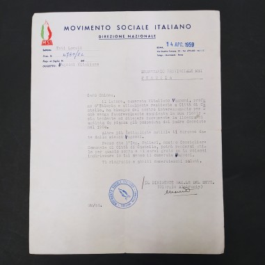 Lettera dattiloscritta MSI firmata Almirante 1959. Buono