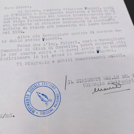 Lettera dattiloscritta MSI firmata Almirante 1959. Buono