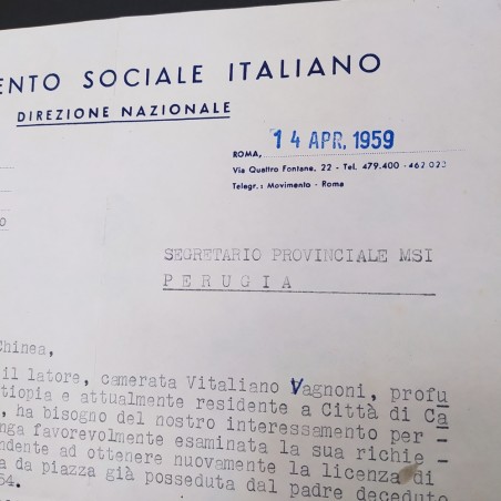 Lettera dattiloscritta MSI firmata Almirante 1959. Buono