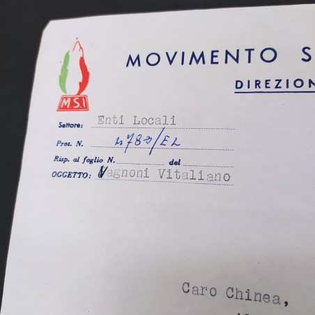 Lettera dattiloscritta MSI firmata Almirante 1959. Buono