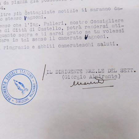 Lettera dattiloscritta MSI firmata Almirante 1959. Buono