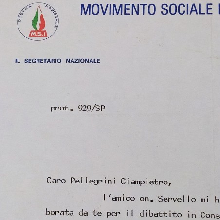 Lettera dattiloscritta MSI firmata Almirante 1984. Buone condizioni
