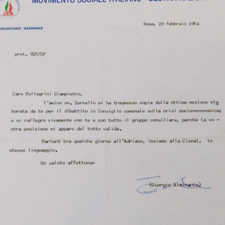 Lettera dattiloscritta MSI firmata Almirante 1984. Buone condizioni