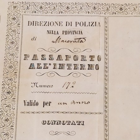 Passaporto Pontificio per Giovanni Roberti datato 1856 con macchie e aloni
