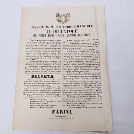 Lotto di 3 decreti di Vittorio Emanuele 1859/50. Pieghe e ingiallimento leggero