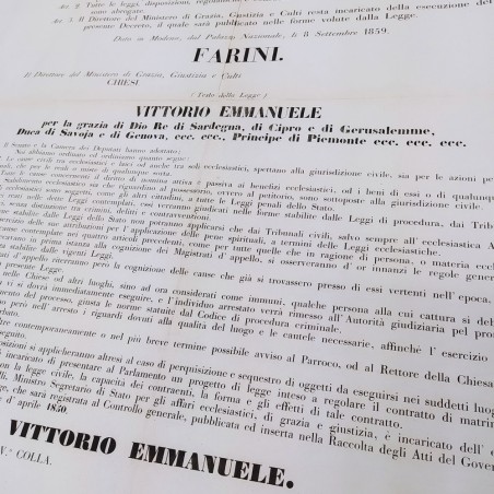 Lotto di 3 decreti di Vittorio Emanuele 1859/50. Pieghe e ingiallimento leggero