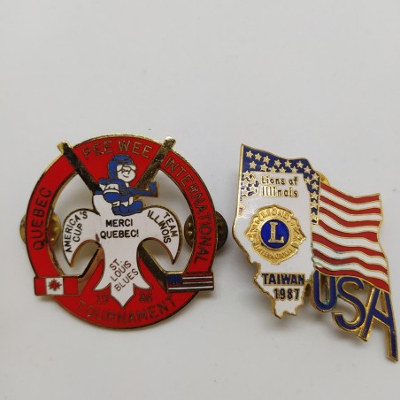Lotto di 7 placche e spille USA di Hockey in metallo smaltate anni '80. Ottime