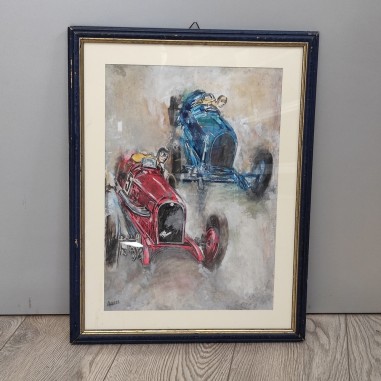 Quadro tempera su cartoncino gara automobilistica anni 30 - Bacci