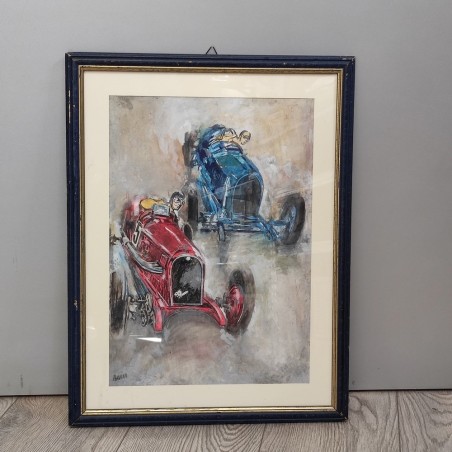 Quadro tempera su cartoncino gara automobilistica anni 30 - Bacci