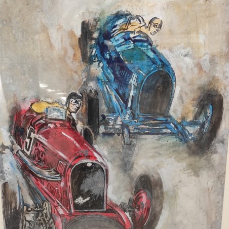 Quadro tempera su cartoncino gara automobilistica anni 30 - Bacci