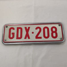 Targa automobilistica vintage Belga GDX-208 bianca e rossa 36x13 cm