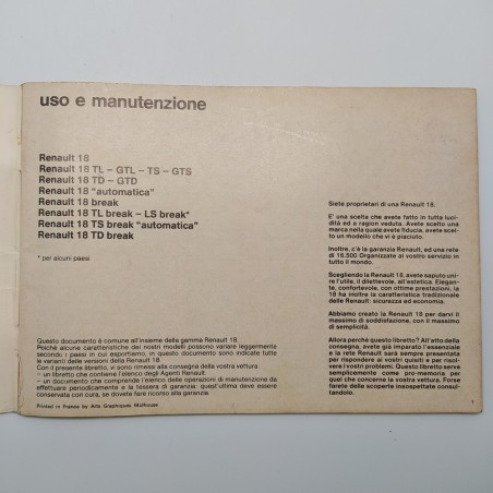 Libretto uso manutenzione Renault 18 ed. 77 01 447 374. Copertina mediocre