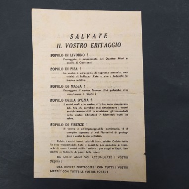 Opuscolo Salvate il vostro eritaggio, ritirata nazisti 1944. Strappo