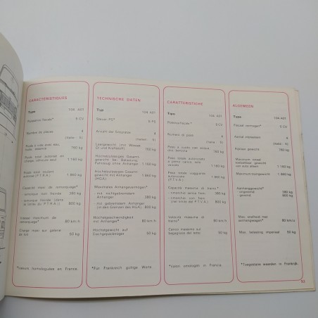 Libretto uso manutenzione Paugeot 104 multilingue. Sbucciatura in copertina