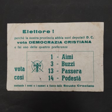 Volantino pubblicità elettorale Democrazia Cristiana. Pieghe e ingiallimenti.