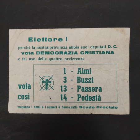 Volantino pubblicità elettorale Democrazia Cristiana. Pieghe e ingiallimenti.