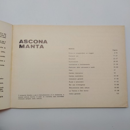 Libretto uso manutenzione Opel Ascona Manta 1975. Ingiallimenti e macchie