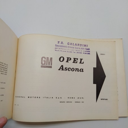 Ope Manuale uso e manutenzione mod. Ascona 1972. Timbro interno. Ingiallimenti