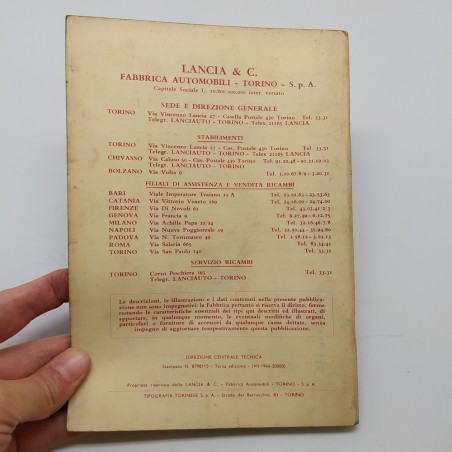 Libretto uso manutenzione Lancia Fulvia 2c. 1966. Copertina con macchie