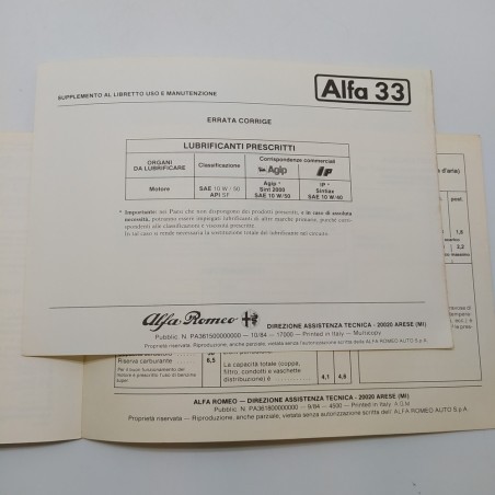 Alfa Romeo Manuale uso e manutenzione mod. Alfa 33, 1.5 Giardinetta. Polvere