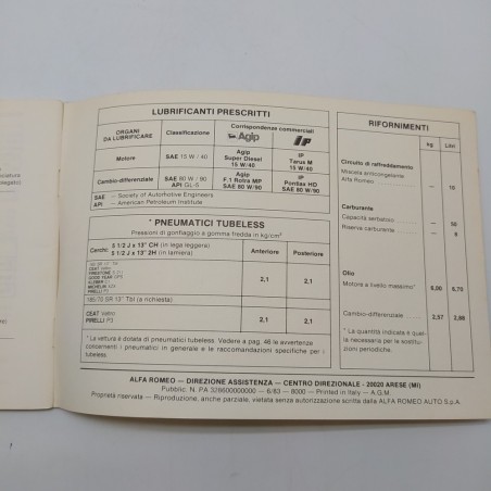 Manuale uso e manutenzione Alfa Romeo mod. Giulietta 2.0 Turbo diesel, 1983