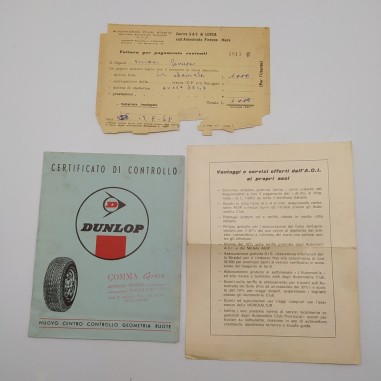 Certificato di controllo pneumatici Dunlop con fattura e ricevuta 1968. Logoro