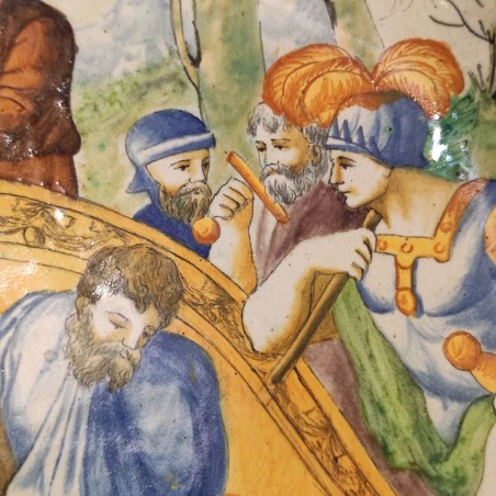Urbino piatto in maiolica istoriato d. 28 cm trionfo di David sugli Assiri