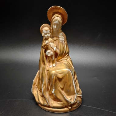 Statuina in ceramica bianca con finitura in oro Madonna con bambino h. 16 cm