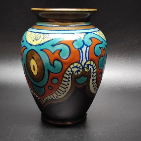 Vaso in ceramica marrone decorata policroma Rigi Gouda Holland h. 14 cm