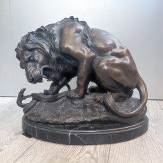 Scultura bronzo fine 800 Leone e Serpente Antoine Louis Barye 2