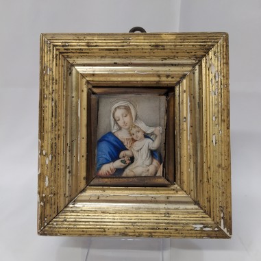 Quadro soggetto Madonna con bambino realizzato su lamina d'avorio nel 1854