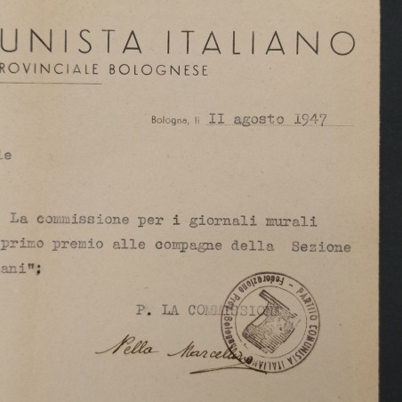 Foglio assegnazione premio 3° convegno provinciale di partito PCI firma Nella