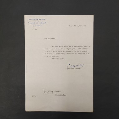 Lettera carta intestata Consiglio dei Ministri con firma originale Saragat