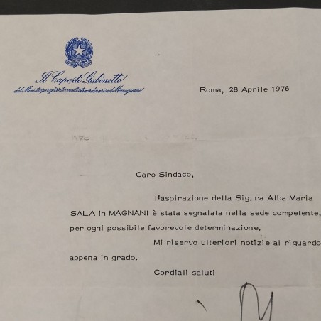 Lettera di raccomandazione a firma Gilberto Bernabei 1976