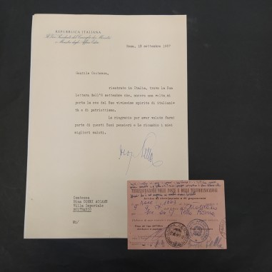 Lettera e ricevuta di pagamento ministro Giuseppe Pella 1957