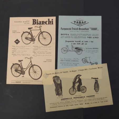 Lotto di 10 tra volantini, listini e cataloghi biciclette e accessori anni 40