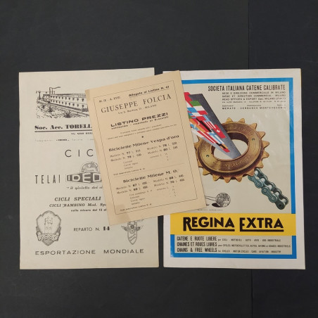 Lotto di 10 tra volantini, listini e cataloghi biciclette e accessori anni 40