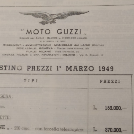 Moto Guzzi Listino prezzi 1949 e volantino modelli 1955