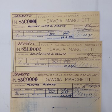 3 tavole eliografiche idrovolante Savoia Marchetti 1939