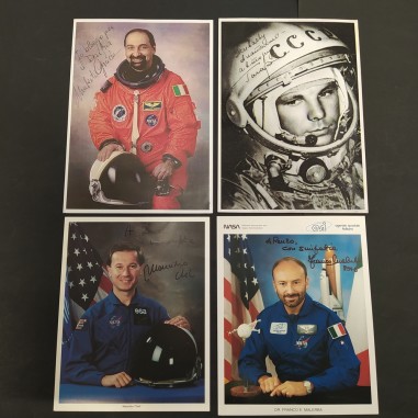 4 foto astronauti Malerba, Cheli, Guidoni, Gagarin, due autografi originali