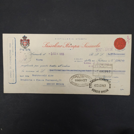 Distilleria Stampa - Sassolino Stampa Sassuolo - Fattura e cambiale 1954 1955